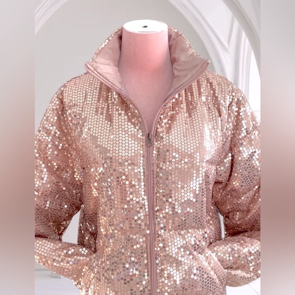 Grace + Emma All Over Sequence Puffer Jacket Coat Rose Gold Shiny Sparkly Med - Picture 4 of 10